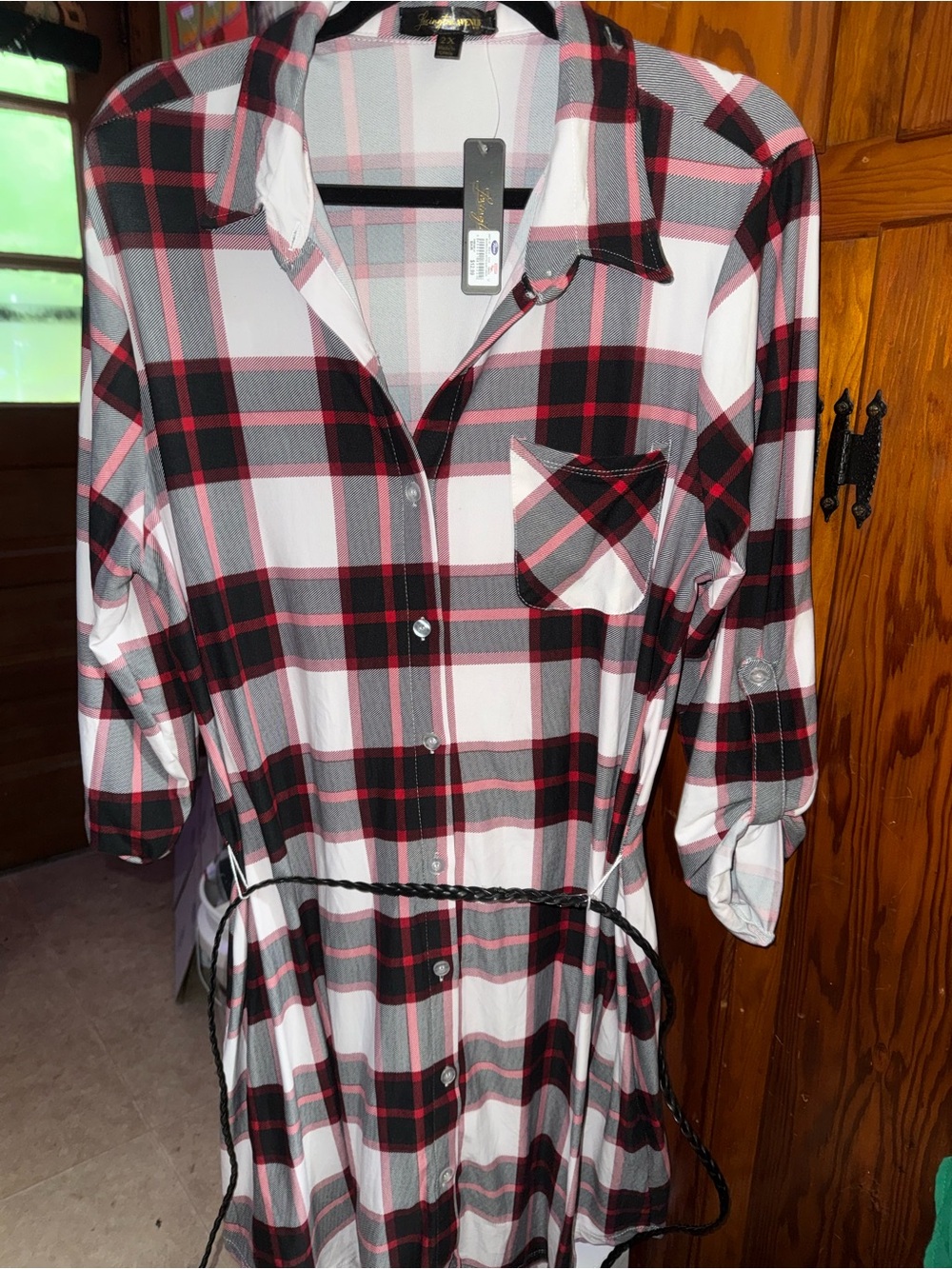 NYC Plaid Button-Front Robe Dress in Black, White & Red